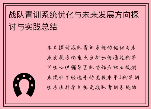 战队青训系统优化与未来发展方向探讨与实践总结